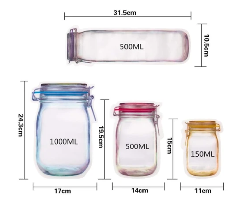 Reusable Mason Jar Style Zipper Sealed Storage Bags